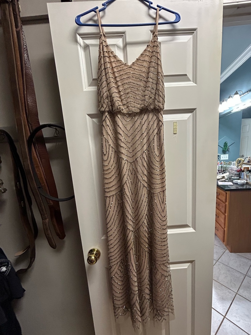 Adrianna Papell Taupe Beaded V-Neck Maxi Dress